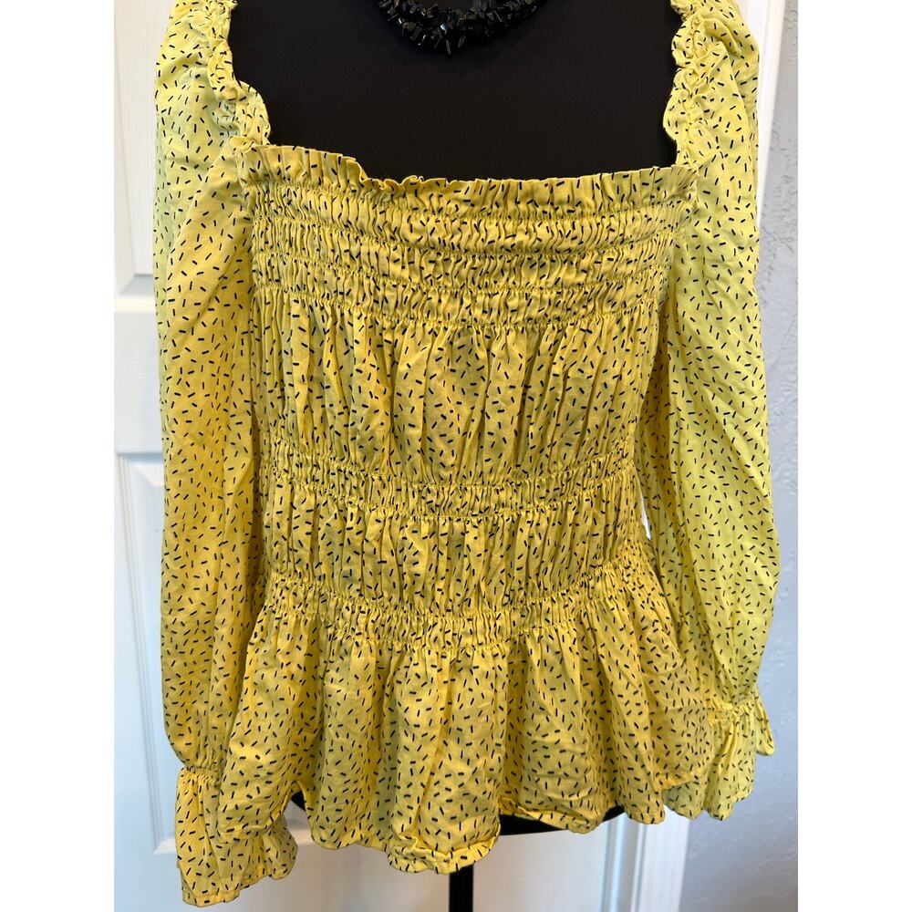 Who What Wear Womens Large L Yellow Ditsy Smocked Peplum Blouse Square Neck Boho - Picture 9 of 12